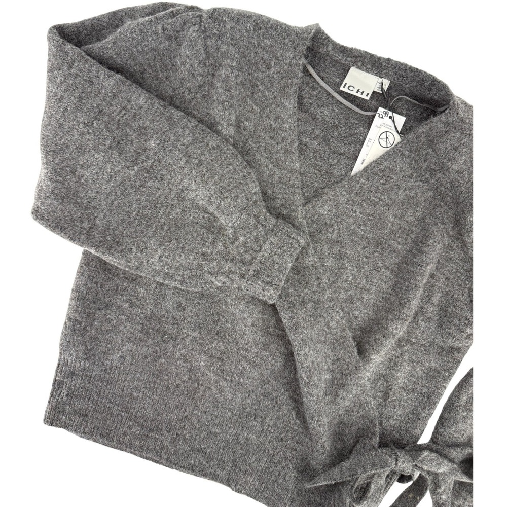 ICHI Ihopene Dark Grey Melange Wrap Waist Soft Med Cardigan Puff Sleeve Sweater